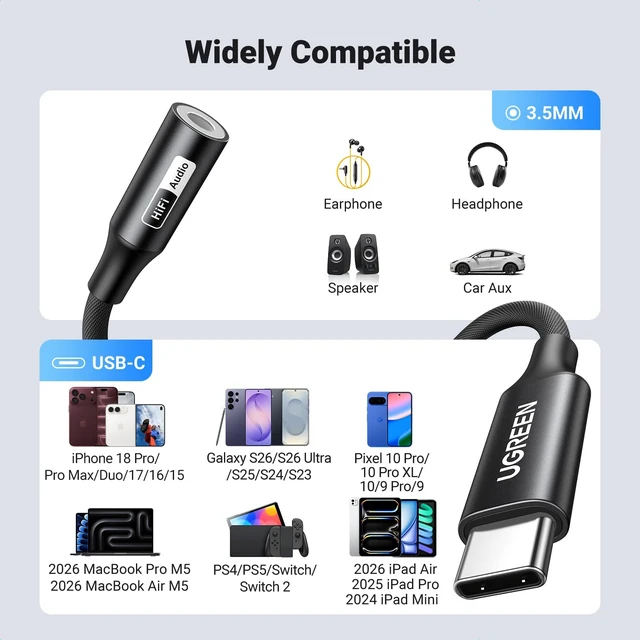 Alt view image 6 of 7 - USB C to 3.5mm Audio Adapter, Hi-Res 32bit/384KHz Type C Aux Dongle HiFi Headphone Jack Cable Cord, Mic and In Line Control, Braided, Aluminum Alloy Shell, Compatible with iPhone 18 Pro Max/Duo