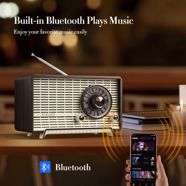 Alt view image 2 of 6 - AM FM Radio Classic Retro Wood Table Bluetooth Speaker Plug-in Wall Vintage wooden cabinet portable radio with stable reception,AC power,loud speaker, large tuning dial,decor & gift for seniors