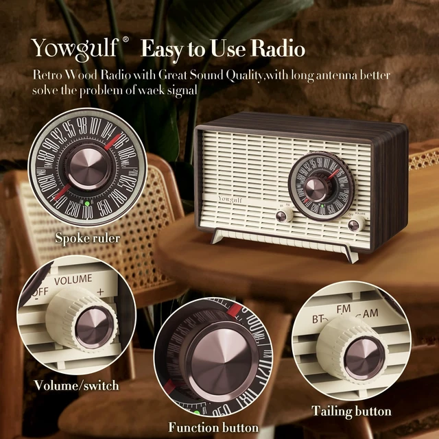 Alt view image 3 of 6 - AM FM Radio Classic Retro Wood Table Bluetooth Speaker Plug-in Wall Vintage wooden cabinet portable radio with stable reception,AC power,loud speaker, large tuning dial,decor & gift for seniors