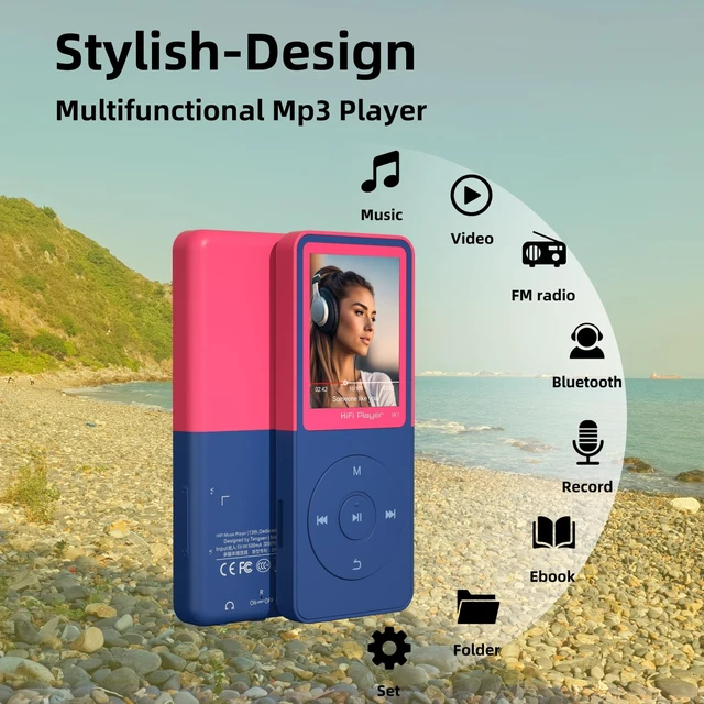 Alt view image 2 of 7 - MP3 Player with Bluetooth 5.3, 1.8" Screen, Color-Block Music Player with FM Radio, Voice Recorder, A-B Repeat, Resume Playback and Up to 128GB microSD for Running and Travel,Pink,32GB
