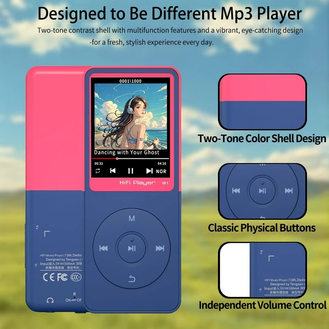 Alt view image 3 of 7 - MP3 Player with Bluetooth 5.3, 1.8" Screen, Color-Block Music Player with FM Radio, Voice Recorder, A-B Repeat, Resume Playback and Up to 128GB microSD for Running and Travel,Pink,32GB