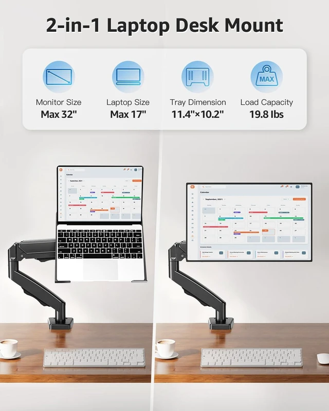 Alt view image 2 of 7 - Laptop Stand for Desk, Adjustable Aluminum Laptops Arm Mount for 14-17 Inch Notebook & 32" Monitor, Laptops Arm for Desk Support for 4.4-19.8lbs, 2-in-1 Laptop Desk Mount with Clamp/Grommet