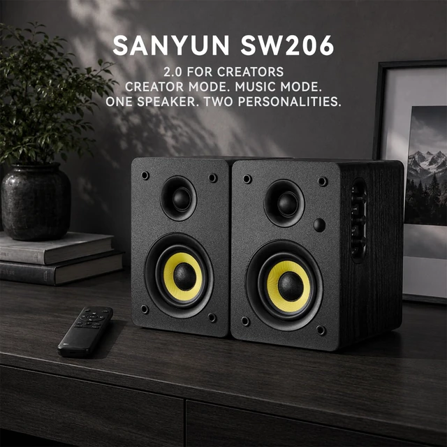 Alt view image 2 of 7 - SW206 80W 2.0 Active Bookshelf Speakers, Dual-Mode Creator & Music 4" Carbon Fiber + 25mm Silk Dome, 24bit DAC, 6.35mm TRS Balanced + (Optical/Coaxial/AUX/USB/BT) Inputs, MDF, (Pair, Black)