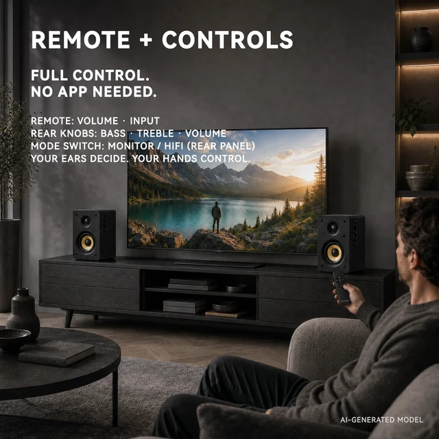 Alt view image 7 of 7 - SW206 80W 2.0 Active Bookshelf Speakers, Dual-Mode Creator & Music 4" Carbon Fiber + 25mm Silk Dome, 24bit DAC, 6.35mm TRS Balanced + (Optical/Coaxial/AUX/USB/BT) Inputs, MDF, (Pair, Black)