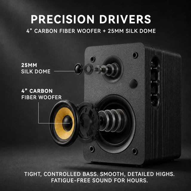 Alt view image 5 of 7 - SW206 80W 2.0 Active Bookshelf Speakers, Dual-Mode Creator & Music 4" Carbon Fiber + 25mm Silk Dome, 24bit DAC, 6.35mm TRS Balanced + (Optical/Coaxial/AUX/USB/BT) Inputs, MDF, (Pair, Black)