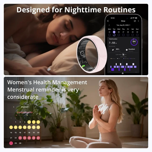 Alt view image 3 of 7 - Smart Ring for Women, Health Tracker & 5ATM, R02. (Pink Ceramic, 8#) Smart Ring & No Subscription Fee, Menstrual Cycle, Skin Temperature, Heart Rate, Sleep Health Monitoring, Sports Tracking