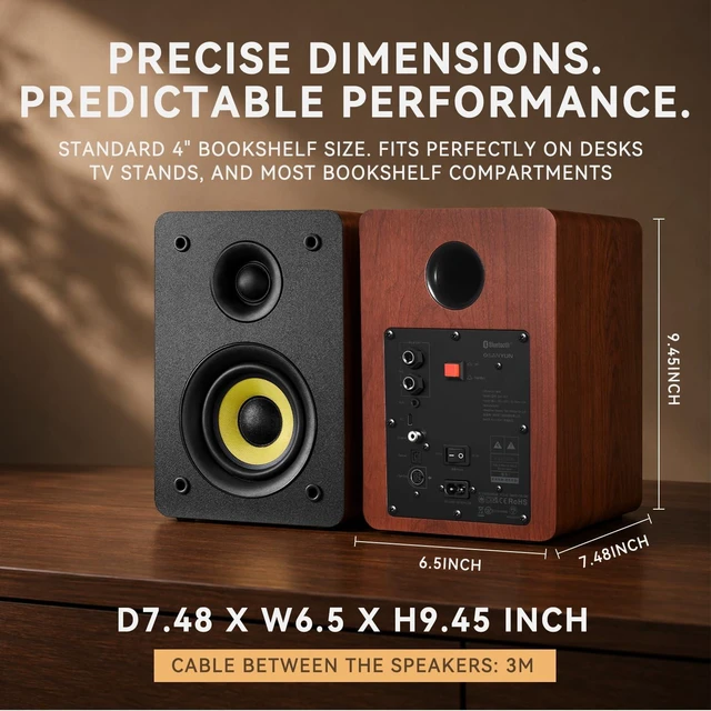 Alt view image 6 of 7 - SW206 80W 2.0 Active Bookshelf Speakers, Dual-Mode Creator & Music 4" Carbon Fiber + 25mm Silk Dome, 24bit DAC, 6.35mm TRS Balanced + (Optical/Coaxial/AUX/USB/BT) Inputs, MDF, (Pair, Red)