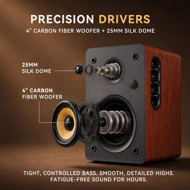Alt view image 5 of 7 - SW206 80W 2.0 Active Bookshelf Speakers, Dual-Mode Creator & Music 4" Carbon Fiber + 25mm Silk Dome, 24bit DAC, 6.35mm TRS Balanced + (Optical/Coaxial/AUX/USB/BT) Inputs, MDF, (Pair, Red)