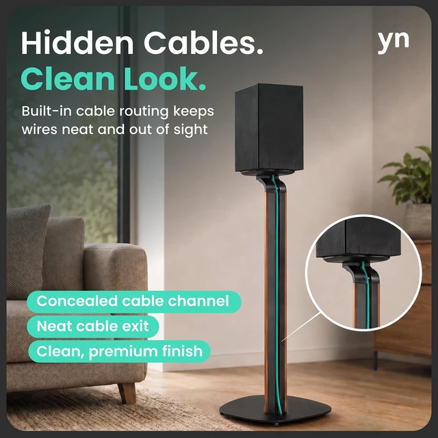 Alt view image 2 of 7 - Wood and Metal Speaker Stands, Pair, Black and Walnut 30.75in floor standing for bookshelf and compact speakers, 22 lb capacity, cable management, walnut wood and black metal
