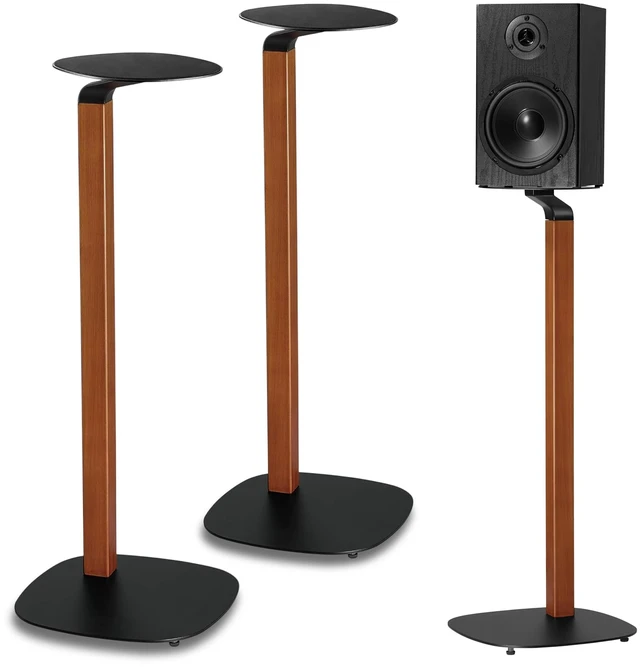 Main image of Wood and Metal Speaker Stands, Pair, Black and Walnut 30.75in floor standing for bookshelf and compact speakers, 22 lb capacity, cable management, walnut wood and black metal