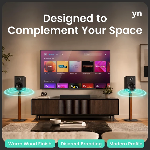 Alt view image 3 of 7 - Wood and Metal Speaker Stands, Pair, Black and Walnut 30.75in floor standing for bookshelf and compact speakers, 22 lb capacity, cable management, walnut wood and black metal