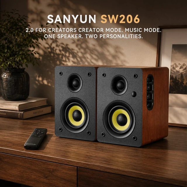 Alt view image 2 of 7 - SW206 80W 2.0 Active Bookshelf Speakers, Dual-Mode Creator & Music 4" Carbon Fiber + 25mm Silk Dome, 24bit DAC, 6.35mm TRS Balanced + (Optical/Coaxial/AUX/USB/BT) Inputs, MDF, (Pair, Red)