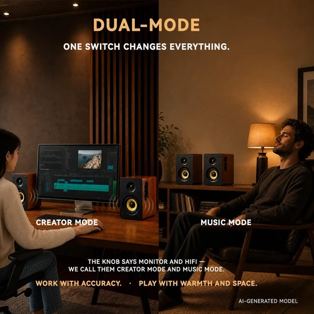 Alt view image 3 of 7 - SW206 80W 2.0 Active Bookshelf Speakers, Dual-Mode Creator & Music 4" Carbon Fiber + 25mm Silk Dome, 24bit DAC, 6.35mm TRS Balanced + (Optical/Coaxial/AUX/USB/BT) Inputs, MDF, (Pair, Red)