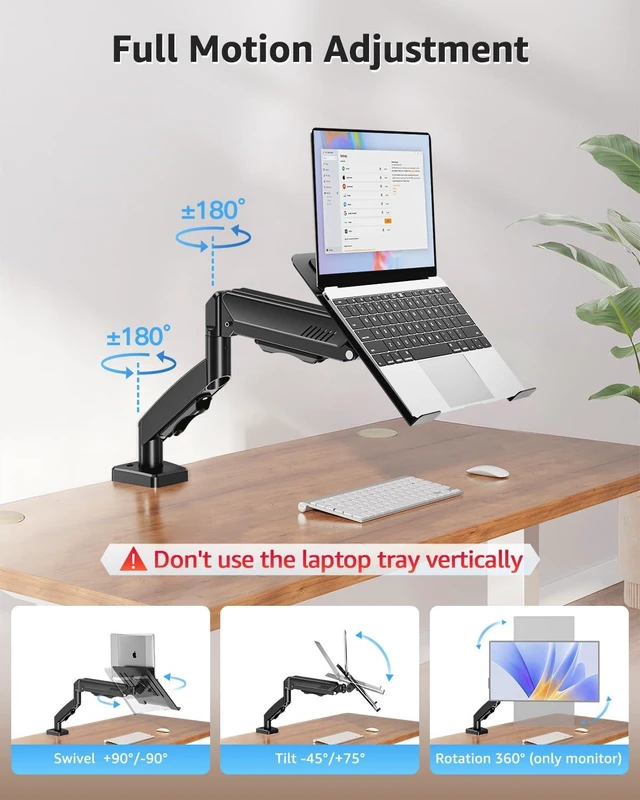 Alt view image 3 of 7 - Laptop Stand for Desk, Adjustable Aluminum Laptops Arm Mount for 14-17 Inch Notebook & 32" Monitor, Laptops Arm for Desk Support for 4.4-19.8lbs, 2-in-1 Laptop Desk Mount with Clamp/Grommet