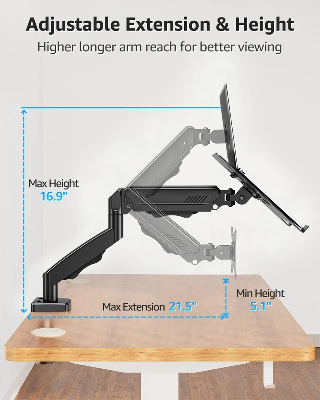 Alt view image 4 of 7 - Laptop Stand for Desk, Adjustable Aluminum Laptops Arm Mount for 14-17 Inch Notebook & 32" Monitor, Laptops Arm for Desk Support for 4.4-19.8lbs, 2-in-1 Laptop Desk Mount with Clamp/Grommet