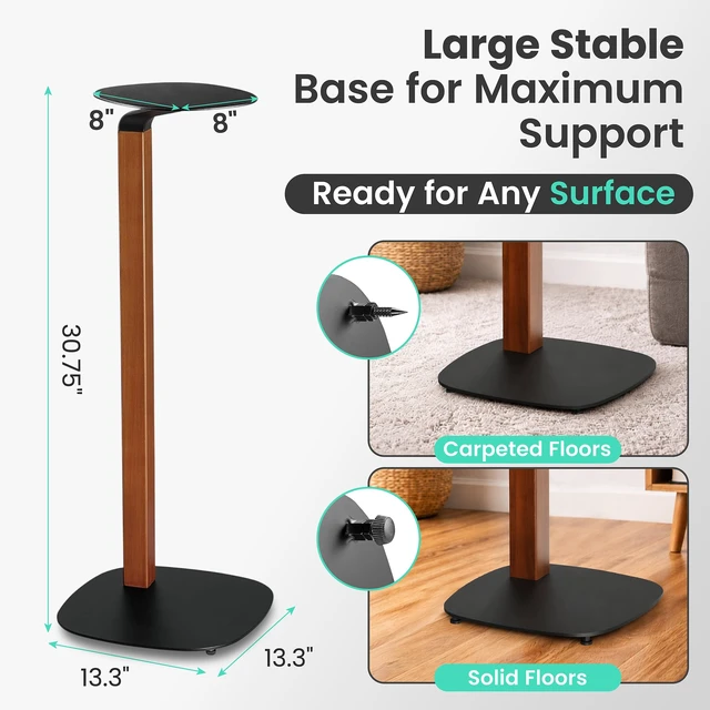Alt view image 4 of 7 - Wood and Metal Speaker Stands, Pair, Black and Walnut 30.75in floor standing for bookshelf and compact speakers, 22 lb capacity, cable management, walnut wood and black metal