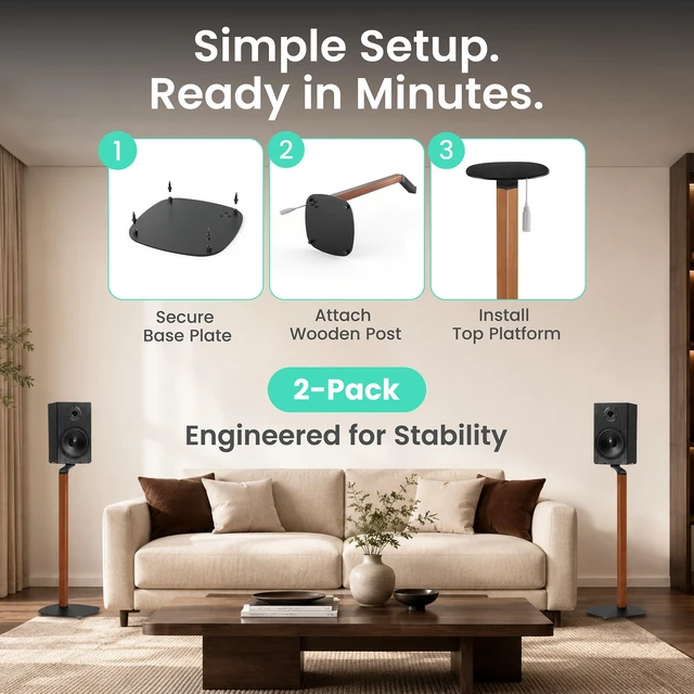 Alt view image 6 of 7 - Wood and Metal Speaker Stands, Pair, Black and Walnut 30.75in floor standing for bookshelf and compact speakers, 22 lb capacity, cable management, walnut wood and black metal