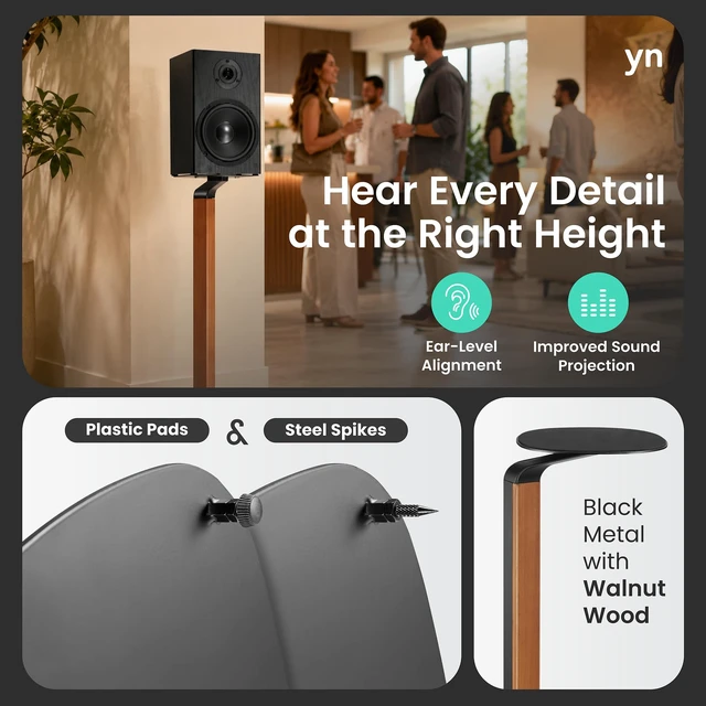 Alt view image 5 of 7 - Wood and Metal Speaker Stands, Pair, Black and Walnut 30.75in floor standing for bookshelf and compact speakers, 22 lb capacity, cable management, walnut wood and black metal