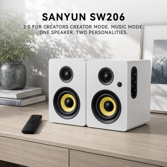 Alt view image 2 of 7 - SW206 80W 2.0 Active Bookshelf Speakers, Dual-Mode Creator & Music 4" Carbon Fiber + 25mm Silk Dome, 24bit DAC, 6.35mm TRS Balanced + (Optical/Coaxial/AUX/USB/BT) Inputs, MDF, (Pair, White)