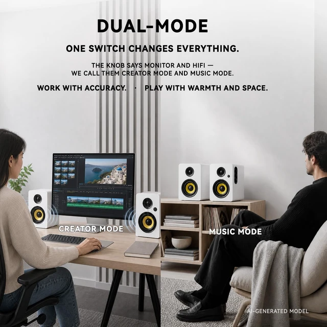 Alt view image 3 of 7 - SW206 80W 2.0 Active Bookshelf Speakers, Dual-Mode Creator & Music 4" Carbon Fiber + 25mm Silk Dome, 24bit DAC, 6.35mm TRS Balanced + (Optical/Coaxial/AUX/USB/BT) Inputs, MDF, (Pair, White)