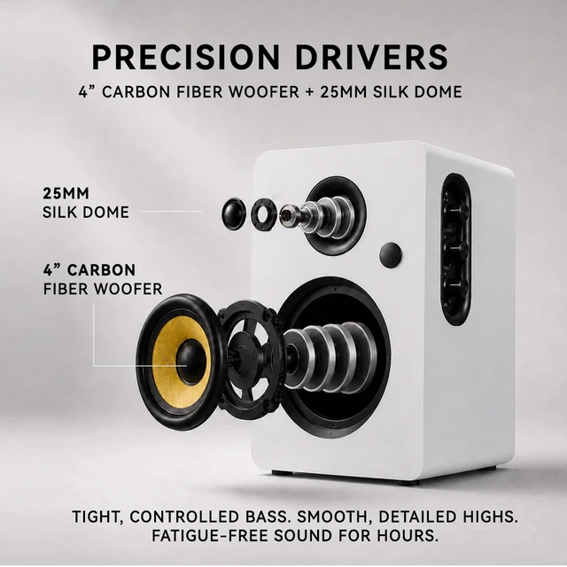 Alt view image 5 of 7 - SW206 80W 2.0 Active Bookshelf Speakers, Dual-Mode Creator & Music 4" Carbon Fiber + 25mm Silk Dome, 24bit DAC, 6.35mm TRS Balanced + (Optical/Coaxial/AUX/USB/BT) Inputs, MDF, (Pair, White)