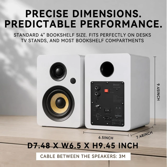Alt view image 6 of 7 - SW206 80W 2.0 Active Bookshelf Speakers, Dual-Mode Creator & Music 4" Carbon Fiber + 25mm Silk Dome, 24bit DAC, 6.35mm TRS Balanced + (Optical/Coaxial/AUX/USB/BT) Inputs, MDF, (Pair, White)