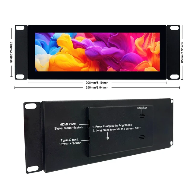 Alt view image 5 of 7 - 7.84 Inch 2U Rack Mount Touchscreen Monitor,1280×400 IPS Secondary Display with Speaker, Compatible with DeskPi RackMate T0/T1/T2/T0 Plus/T1 Plus/TL1, Tecmojo 4U/6U/9U/12U 10inch Server Rack Cabinet