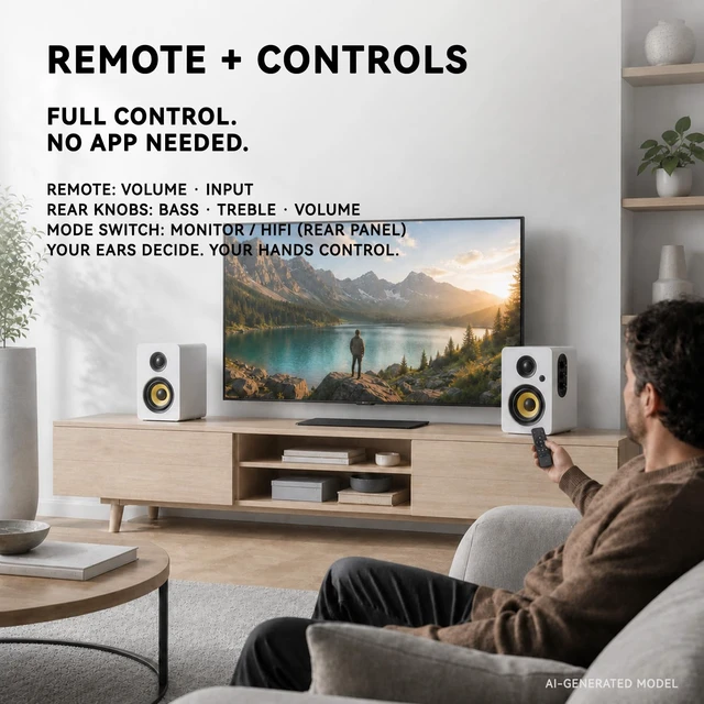 Alt view image 7 of 7 - SW206 80W 2.0 Active Bookshelf Speakers, Dual-Mode Creator & Music 4" Carbon Fiber + 25mm Silk Dome, 24bit DAC, 6.35mm TRS Balanced + (Optical/Coaxial/AUX/USB/BT) Inputs, MDF, (Pair, White)