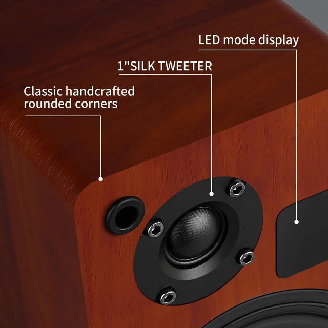 Alt view image 2 of 7 - Powered Bookshelf Speaker Pair,60W Home Stereo Speakers with BT,AUX & Type-C Input, 5.5" Carbon Fiber Woofer & 1" Tweeter, Compatible with Turntable, Record Player, Desktop PC and Monitor (Brown)