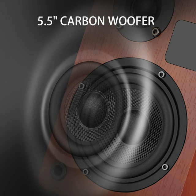 Alt view image 3 of 7 - Powered Bookshelf Speaker Pair,60W Home Stereo Speakers with BT,AUX & Type-C Input, 5.5" Carbon Fiber Woofer & 1" Tweeter, Compatible with Turntable, Record Player, Desktop PC and Monitor (Brown)