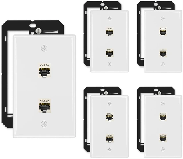 Main image of 5-Pack Shielded Cat6A Ethernet Wall Plate, 2-Port RJ45 Wall Plate 2-Port Keystone Wall Plates with Cat 6A Shielded Coupler and Bracket, Female to Female Cat6a Wall Plate, Cat6a/Cat6/5e, PoE