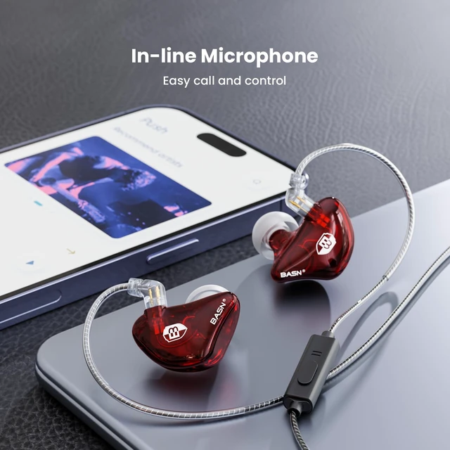 Alt view image 5 of 7 - Bsinger Pro in Ear Monitor Headphones,Dual Drivers 2-Pin IEM Earbuds Wired IEM Earphones for HiFi Stereo Music,Portable Case,Ergonomic Custom-Fit,4.9ft Detachable Cable with Mic for Gaming (Red)