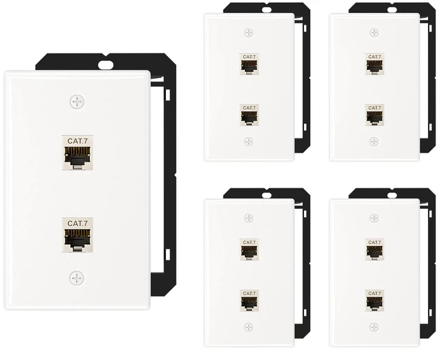 Main image of 5-Pack Shielded Cat7 Ethernet Wall Plate, 2-Port Keystone 10Gbit/s, 2-Port Keystone Wall Plate with Bracket + Cat7 Shielded RJ45 Coupler, Female to Female RJ45 Cat7 Wall Plate, PoE