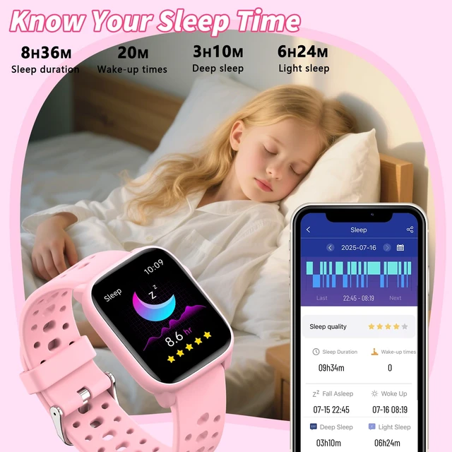 Alt view image 7 of 7 - Kids Smart Watches Girls Gift Age 6-12 with 12 Puzzle Games, Heart Rate, Sleep Monitor, Pedometer, Flashlight, 1.83" Touchscreen IP68 Waterproof Kid Watch Brithday Gift for Girls