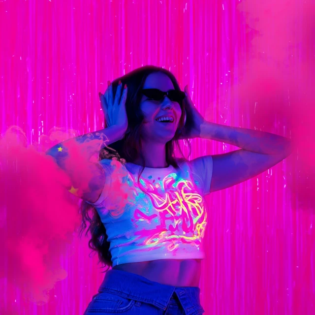 Alt view image 6 of 6 - Mega-L Glow in The Dark Party Supplies, Neon Photo Backdrop, 4 Pack 6.6x6.6 ft Fluorescent Fuchsia Foil Fringe Curtains, Glow Photo Backdrop for Birthday, Pool Party, Music Festival, Nightclub