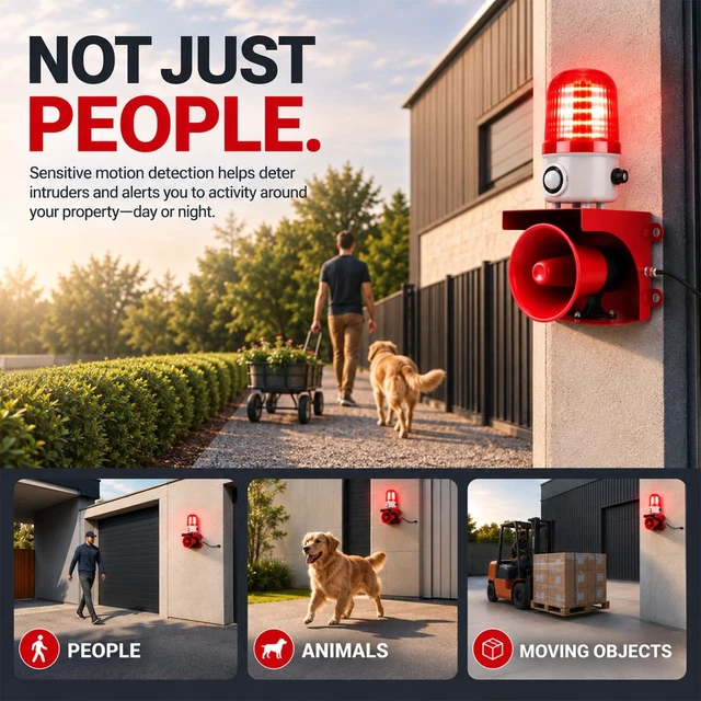 Alt view image 3 of 7 - AC110V Motion Sensor Alarm with Human Detection, 120dB Adjustable Siren & Red LED Strobe Lights Outdoor Security Alarm for Home Theft, Animal Intrusion, Garden Protection, Property Protection