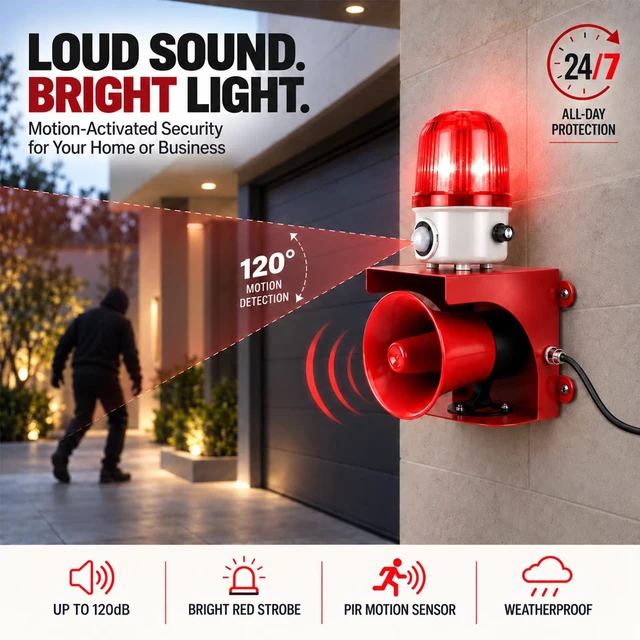 Alt view image 2 of 7 - AC110V Motion Sensor Alarm with Human Detection, 120dB Adjustable Siren & Red LED Strobe Lights Outdoor Security Alarm for Home Theft, Animal Intrusion, Garden Protection, Property Protection