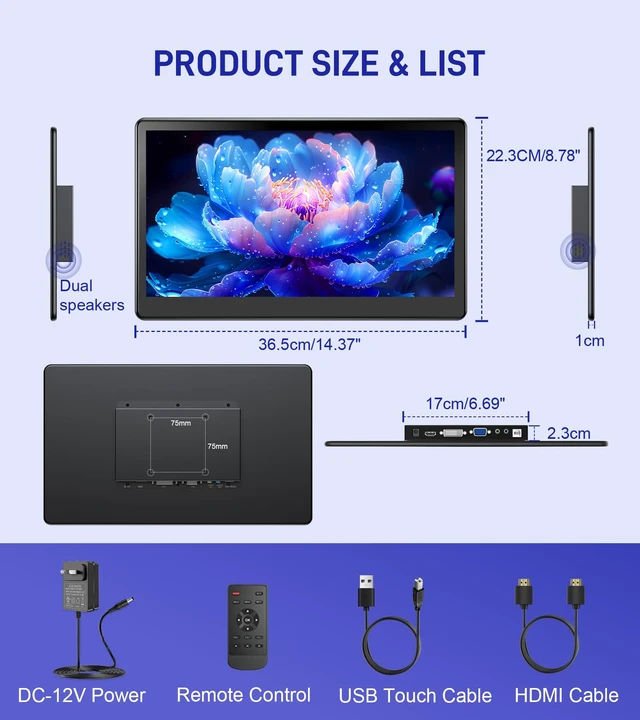 Alt view image 3 of 7 - 15.6 inch Portable Touchscreen Monitor with HDMI VGA DVI Ports, Screen Extender FHD 1920×1080 IPS Small Touch Screen Display Compatible with Laptops PC PS5/4, Industrial (with Remote)