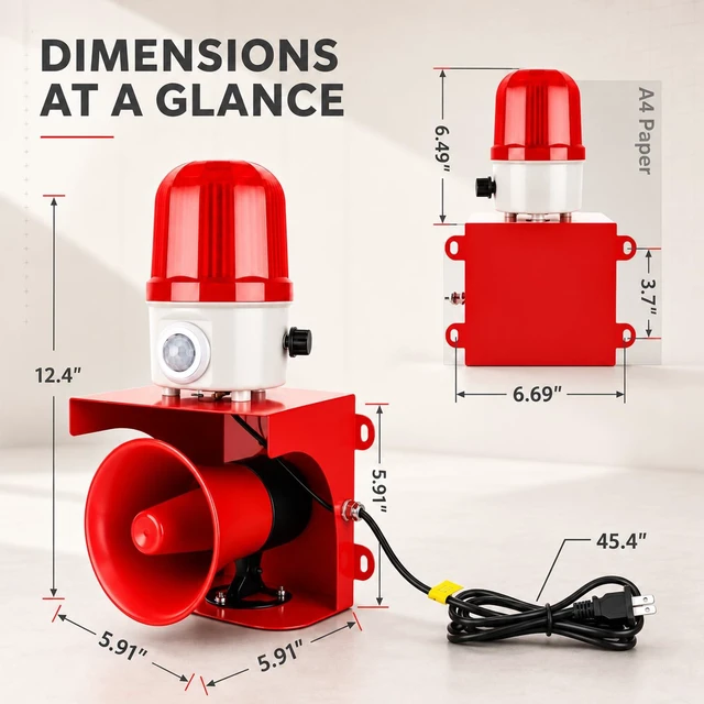 Alt view image 4 of 7 - AC110V Motion Sensor Alarm with Human Detection, 120dB Adjustable Siren & Red LED Strobe Lights Outdoor Security Alarm for Home Theft, Animal Intrusion, Garden Protection, Property Protection