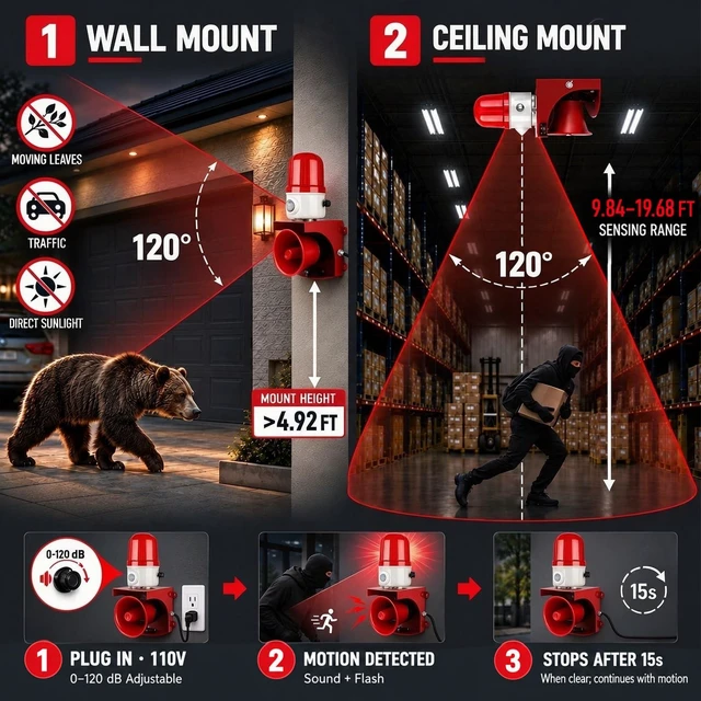 Alt view image 5 of 7 - AC110V Motion Sensor Alarm with Human Detection, 120dB Adjustable Siren & Red LED Strobe Lights Outdoor Security Alarm for Home Theft, Animal Intrusion, Garden Protection, Property Protection