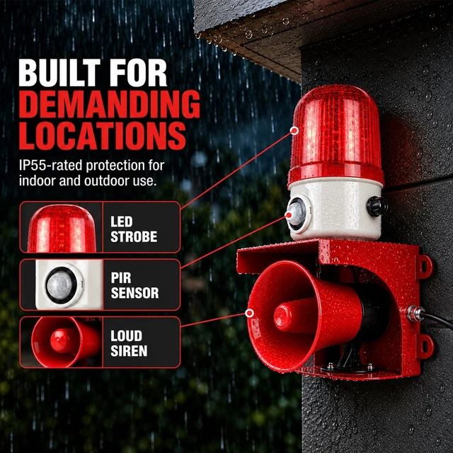 Alt view image 6 of 7 - AC110V Motion Sensor Alarm with Human Detection, 120dB Adjustable Siren & Red LED Strobe Lights Outdoor Security Alarm for Home Theft, Animal Intrusion, Garden Protection, Property Protection