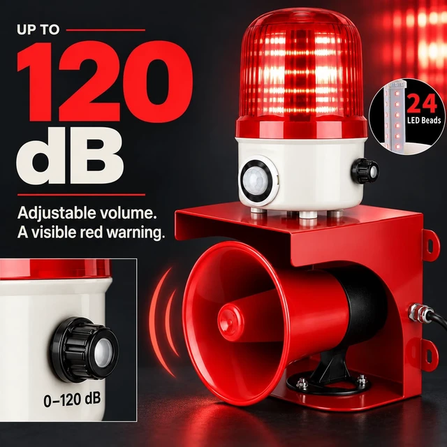 Alt view image 7 of 7 - AC110V Motion Sensor Alarm with Human Detection, 120dB Adjustable Siren & Red LED Strobe Lights Outdoor Security Alarm for Home Theft, Animal Intrusion, Garden Protection, Property Protection