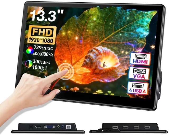 Main image of 13.3" inch Portable FHD 1080P Touch Screen Monitor with HDMI VGA Port, Touchscreen Display Support VESA Mount, Small IPS Home Industrial Monitor for PC Laptop