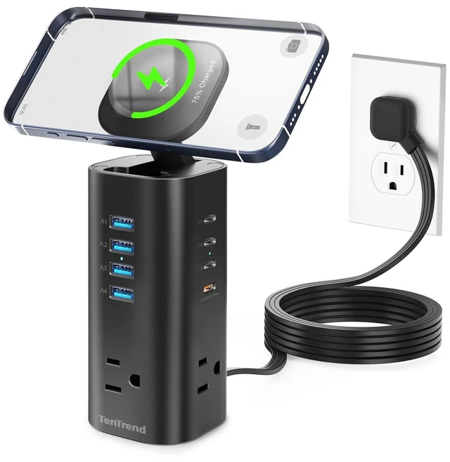 Main image of 115W Fast Charging Station, Power Strip Tower, 5FT Extension Cord Charging Tower with 3AC Outlets & 8 USB Ports(4 USB-C), Foldable 15W Charging, Dorm, Office Desk Supplies