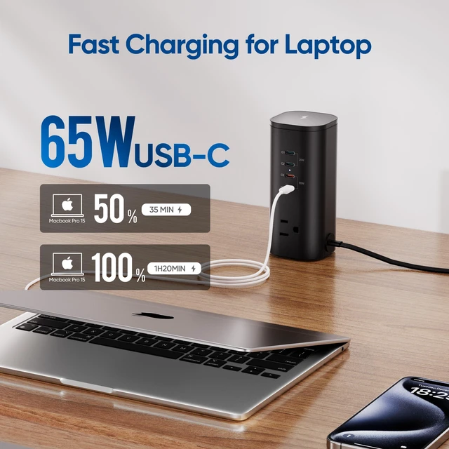 Alt view image 3 of 6 - 115W Fast Charging Station, Power Strip Tower, 5FT Extension Cord Charging Tower with 3AC Outlets & 8 USB Ports(4 USB-C), Foldable 15W Charging, Dorm, Office Desk Supplies