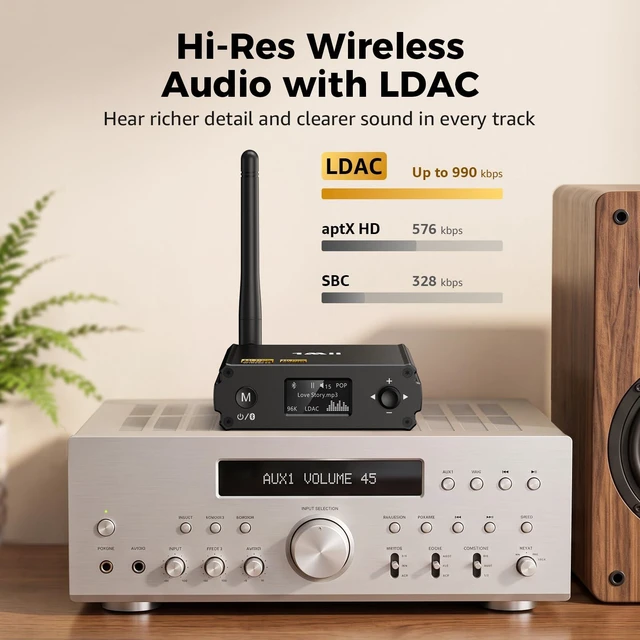 Alt view image 3 of 7 - DS220 Bluetooth Receiver for Home Stereo, Hi-Res LDAC & aptX HD HiFi Audio Adapter with Audiophile DAC, Optical/RCA Outputs for Stereo System, Amplifier, OLED Display, 7 EQ