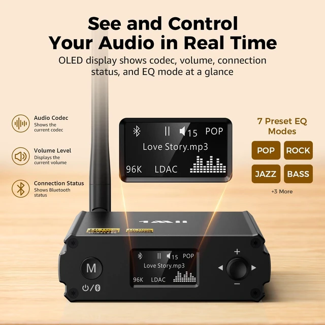 Alt view image 6 of 7 - DS220 Bluetooth Receiver for Home Stereo, Hi-Res LDAC & aptX HD HiFi Audio Adapter with Audiophile DAC, Optical/RCA Outputs for Stereo System, Amplifier, OLED Display, 7 EQ