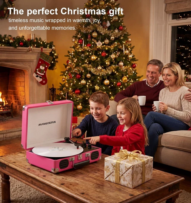 Alt view image 7 of 7 - Pink Bluetooth Record Player, 3-Speed Suitcase Turntable Stylish pink design with Bluetooth, 3-speed vinyl playback, dual speakers, tone control, AUX input and RCA output