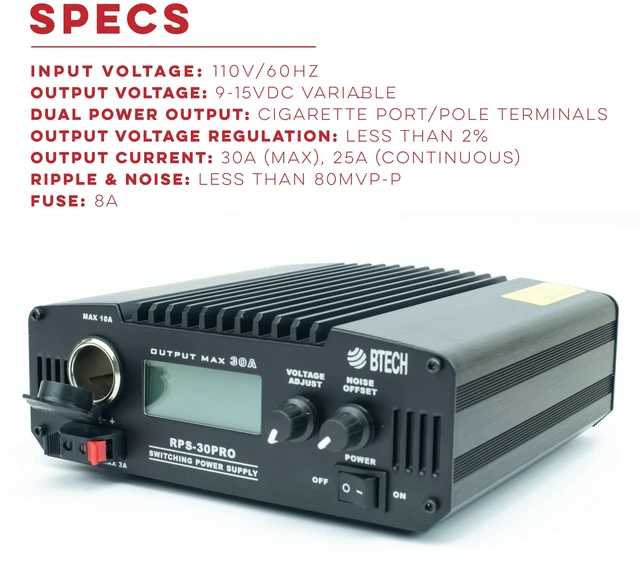 Alt view image 2 of 7 - RPS-30PRO 30 Amp Regulated Universal Compact Bench Power Supply, AC-to-DC Power Convertor, 13.8V (9~15VDC Adjustable) with Noise Offset Adjustment, Includes Multiple Power Connections
