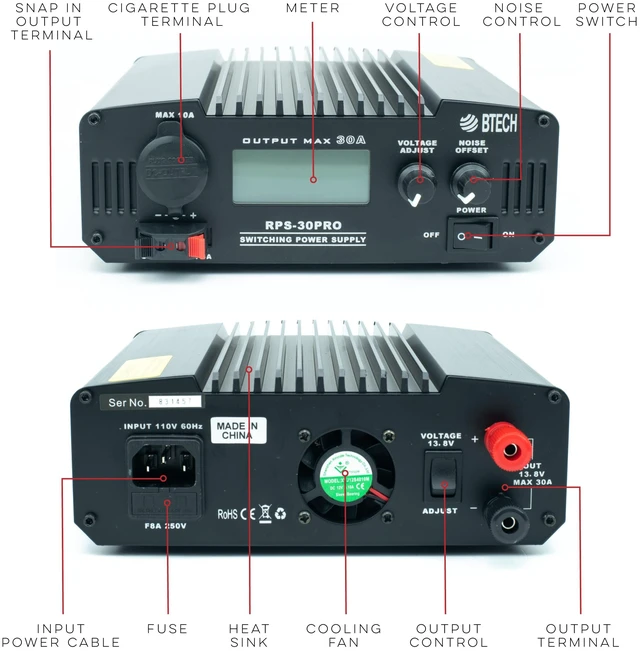 Alt view image 3 of 7 - RPS-30PRO 30 Amp Regulated Universal Compact Bench Power Supply, AC-to-DC Power Convertor, 13.8V (9~15VDC Adjustable) with Noise Offset Adjustment, Includes Multiple Power Connections